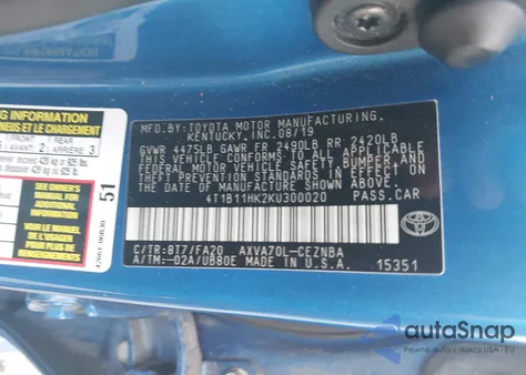 2019 Toyota Camry Le из США, поврежденный, VIN 4T1B11HK2KU300020